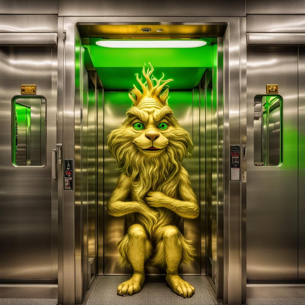 Golden Grinch Elf in Elevator with Golden Animals