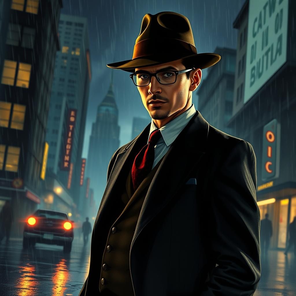 Private Investigator in Noir Cityscape, Matte Painting