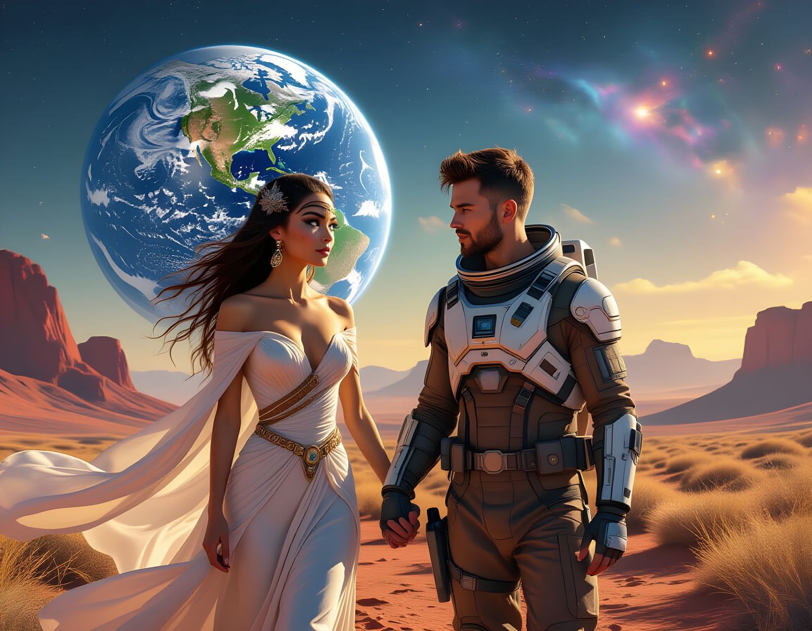 Cosmic Love: Ethereal Woman on Distant Planet