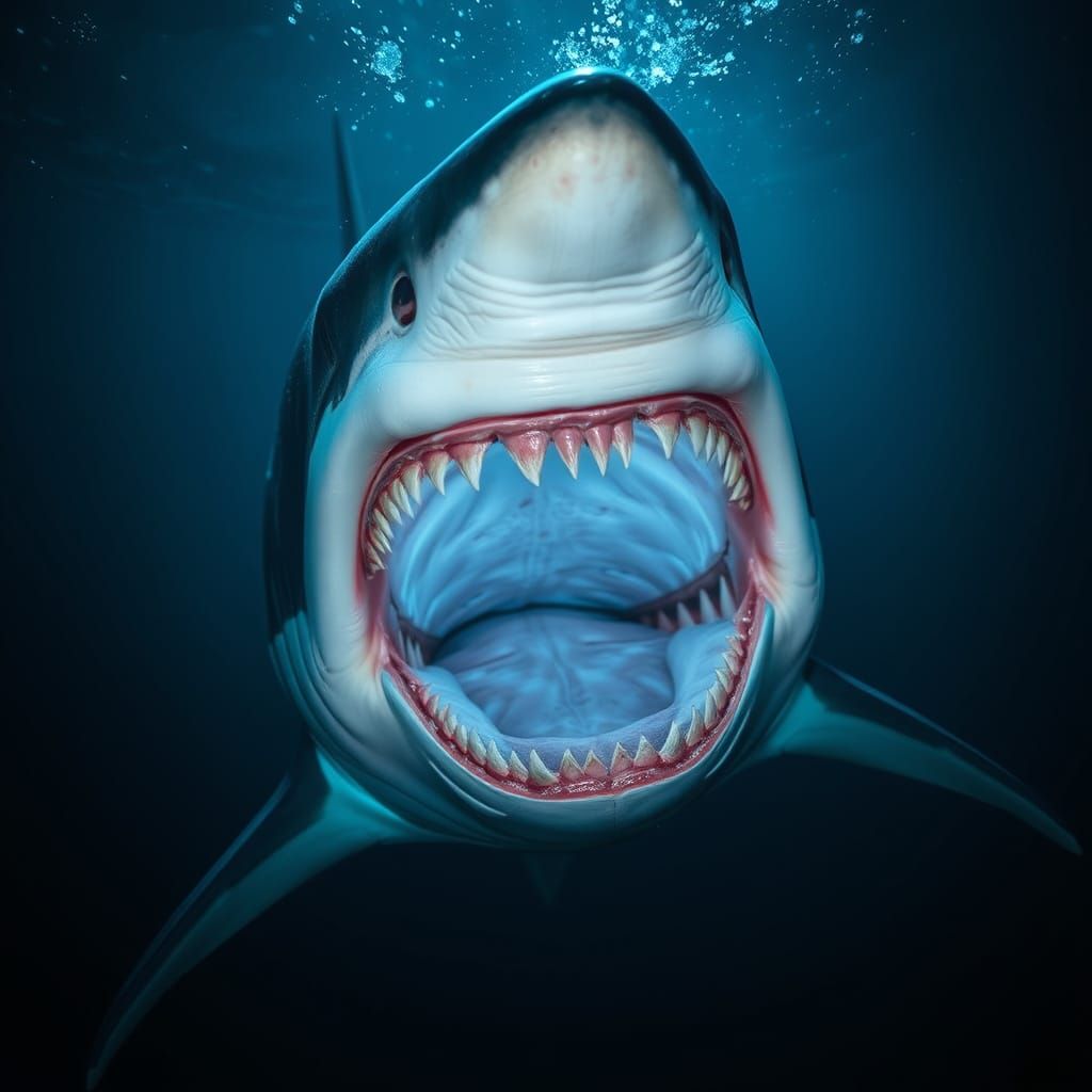 Great White Shark Lunge with Bioluminescent Glow