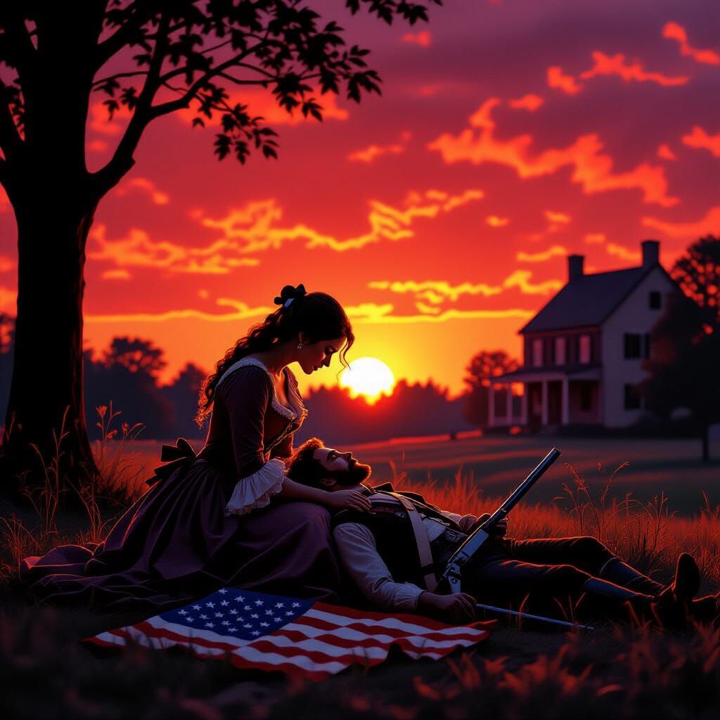 Colonial Woman Mourns Fallen Minuteman at Sunset