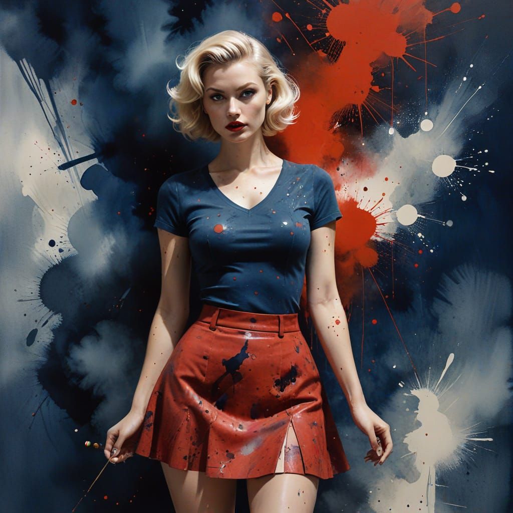 1950s Pin-Up Woman in Red, Watercolor and Ink Fusion