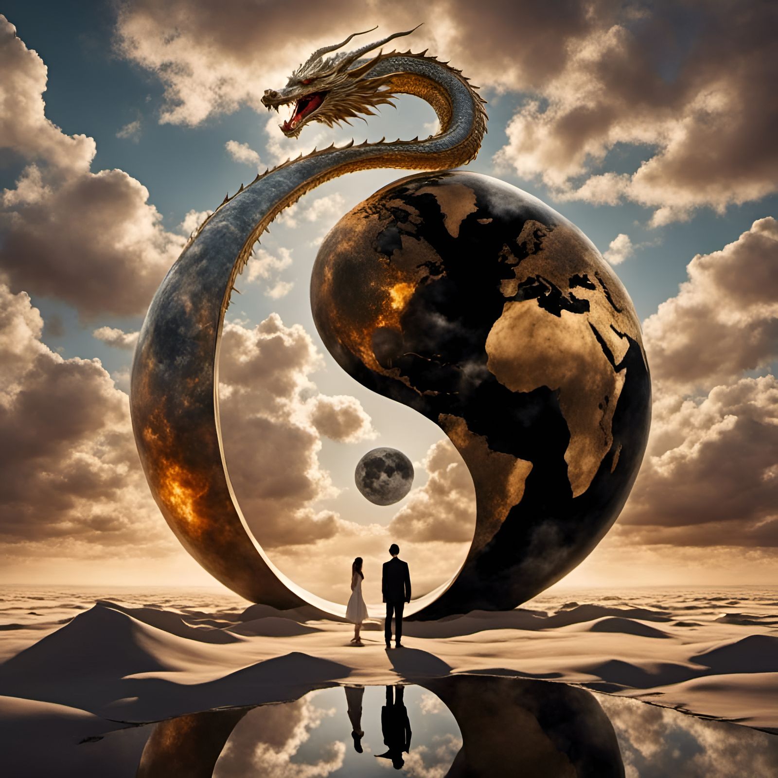 Dragon Yin Yang Earth Globe in Surrealist Style