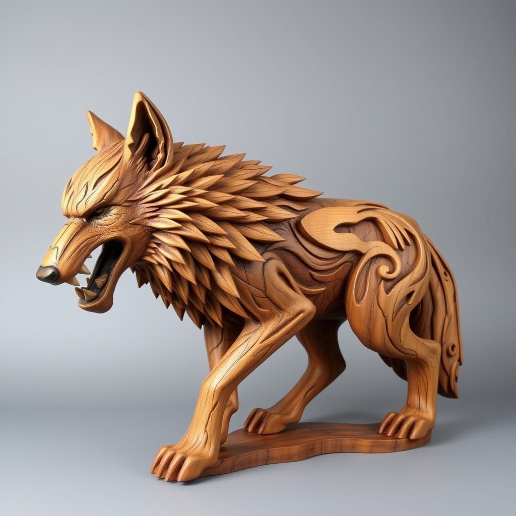 Rustic Wooden Wolf Sculpture in Fantasy Style