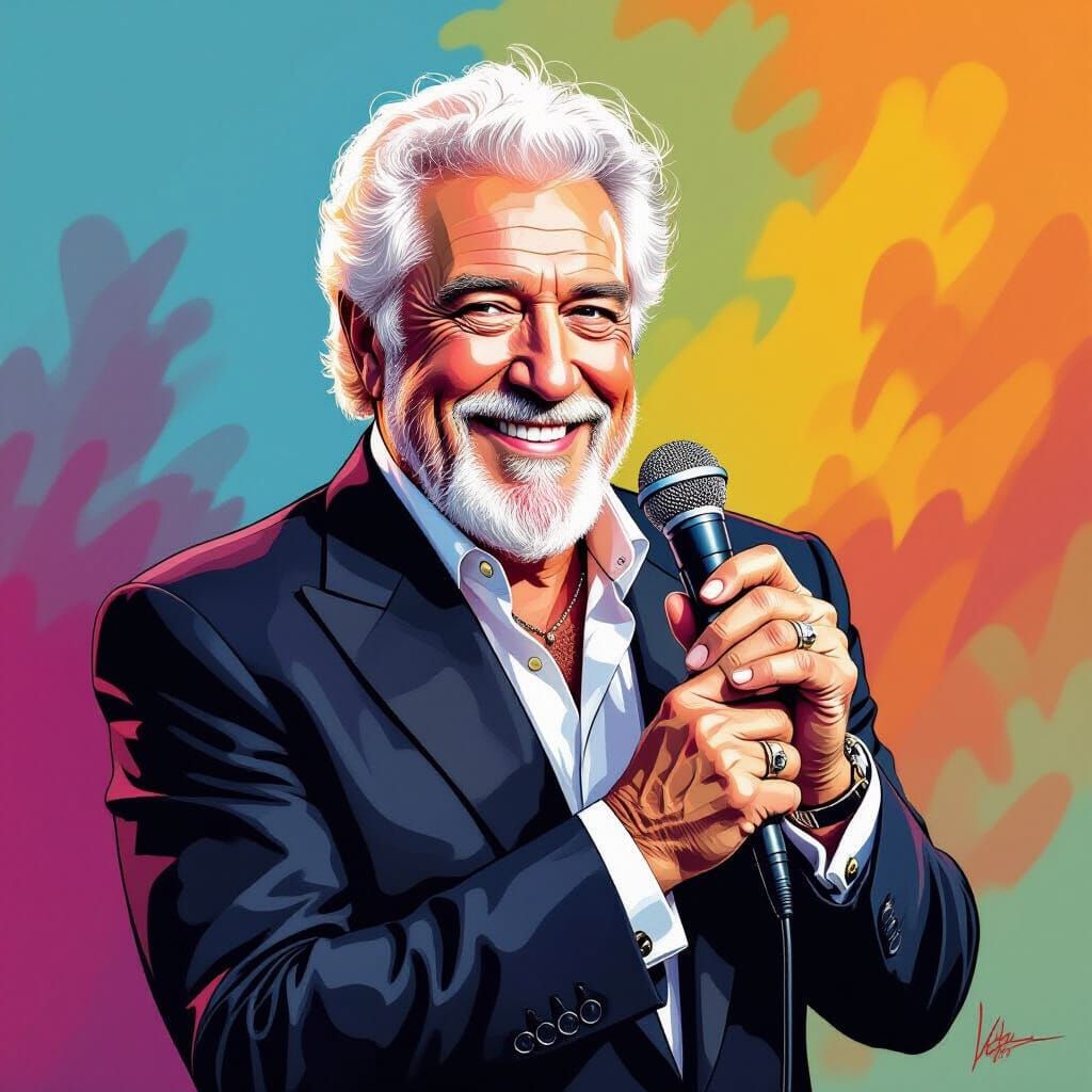 Vibrant Caricature of Sir Tom Jones with Microphone