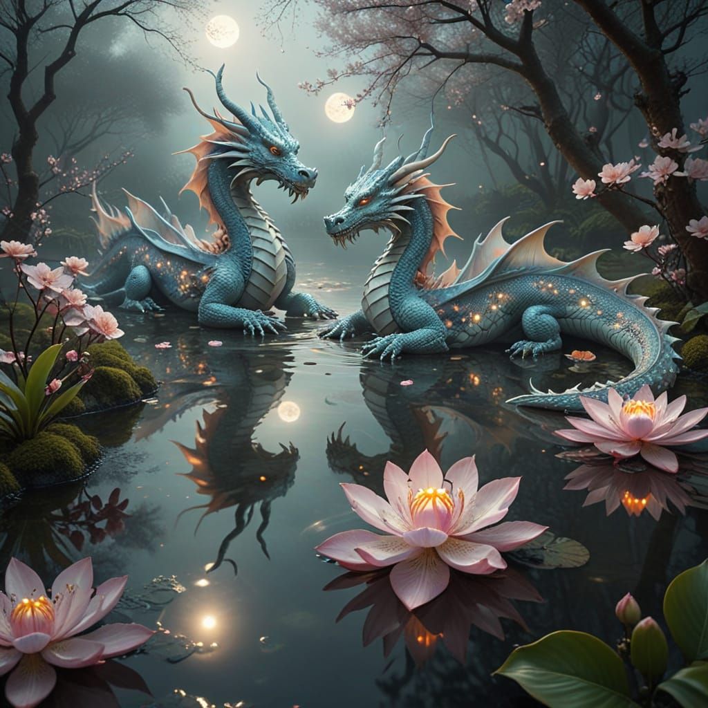 Celestial Dragons in Misty Japanese Pond, Surreal Fantasy Ar...