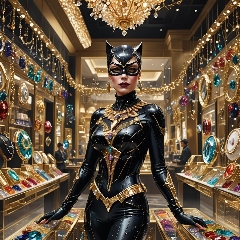Catwoman in Gemstone Store: Hyperrealistic Digital Art