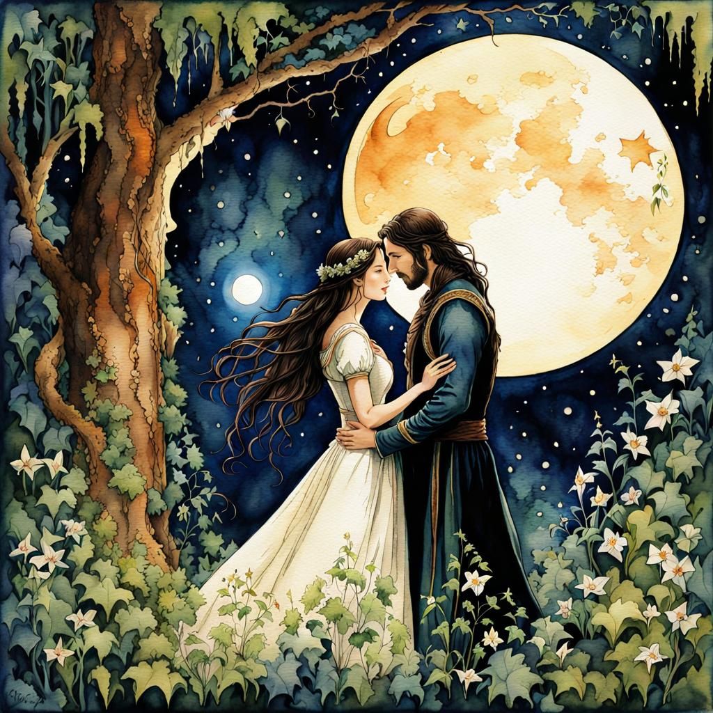 Arwen and Aragorn: Romantic Meeting in Watercolor