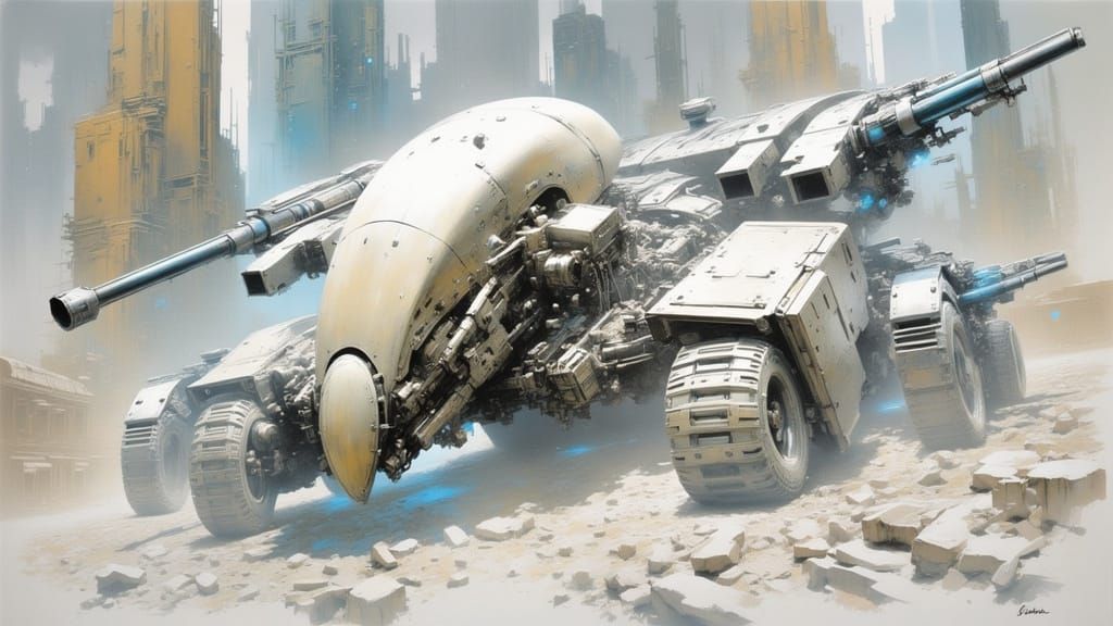 Alien Combat Crawler in Ruined Cityscape