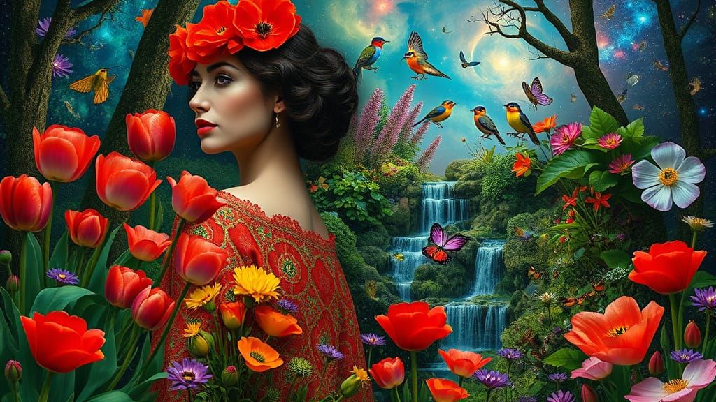 Woman in Floral Rainforest, Klimt-Inspired Surrealism