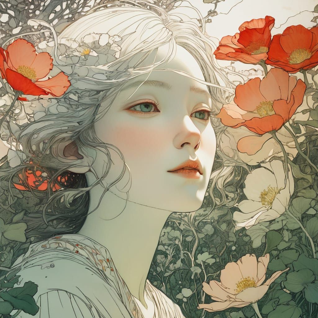 Woman Framed by Flowers in Art Nouveau Style