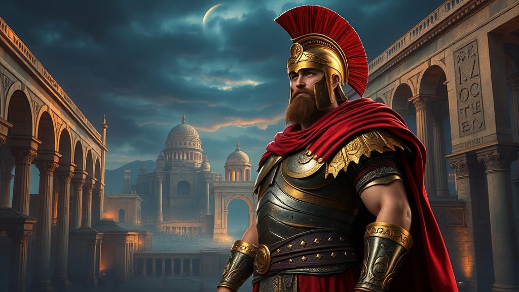Epic Roman Warrior in Ancient Cityscape with Glowing Runes