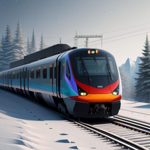 Hyperrealistic Train in Snowy Landscape with Vibrant Hues