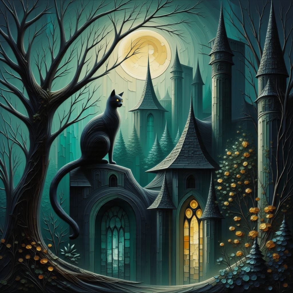 Ethereal Cat on Gargoyle in Moonlight Oil Painting