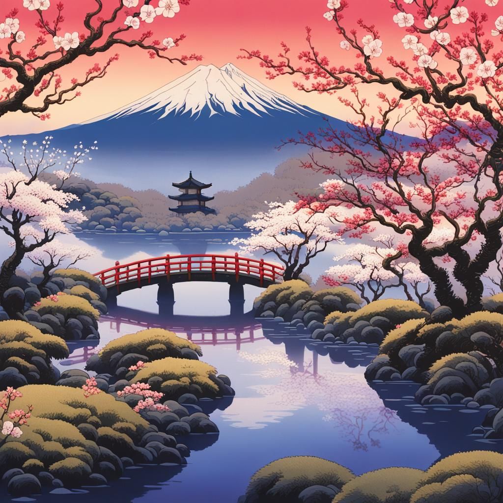 Plum Blossoms in Japanese Garden, Ukiyo-e Style