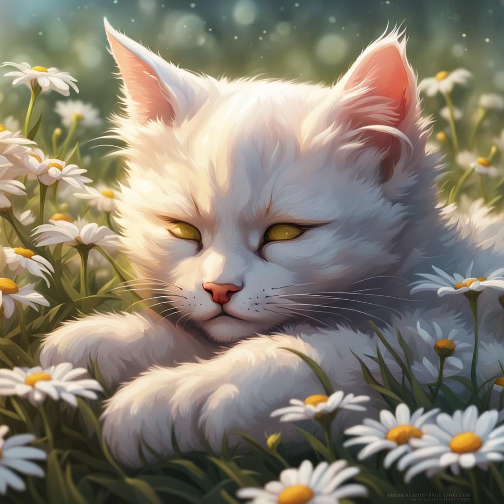 Cute Kitten Sleeping in Daisy Field