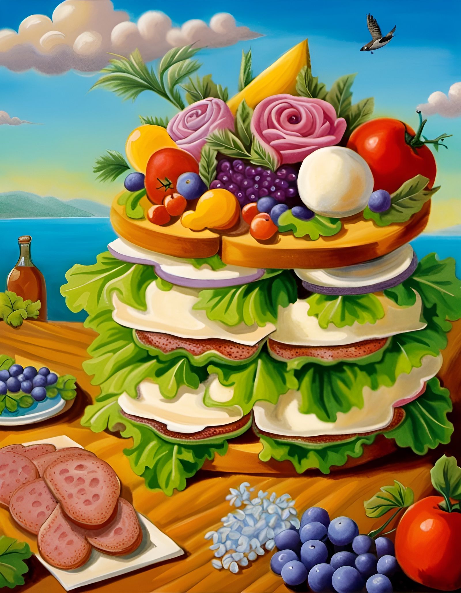 Hyperrealistic Giant Sandwich Still Life with Flowers