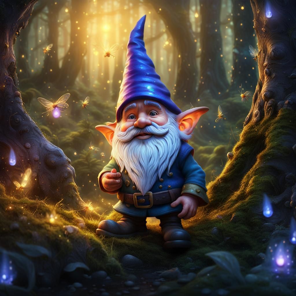 Gnome in Mystical Forest with Fireflies