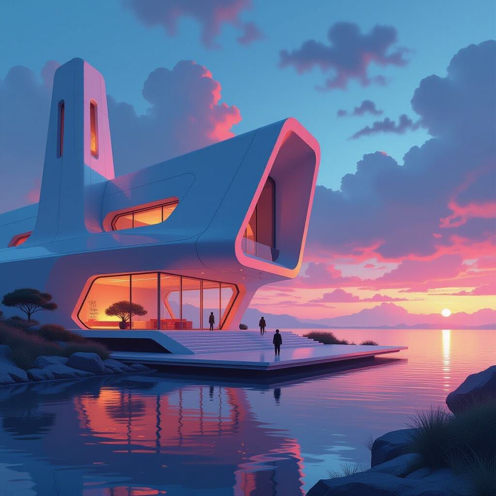 Harmonious Contrast: Modern Architecture Meets Surreal Dream...