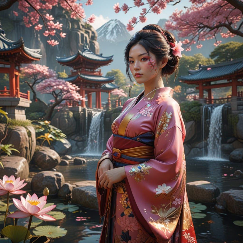 Elegant Japanese Geisha Surrounded by Cherry Blossoms and Wa...