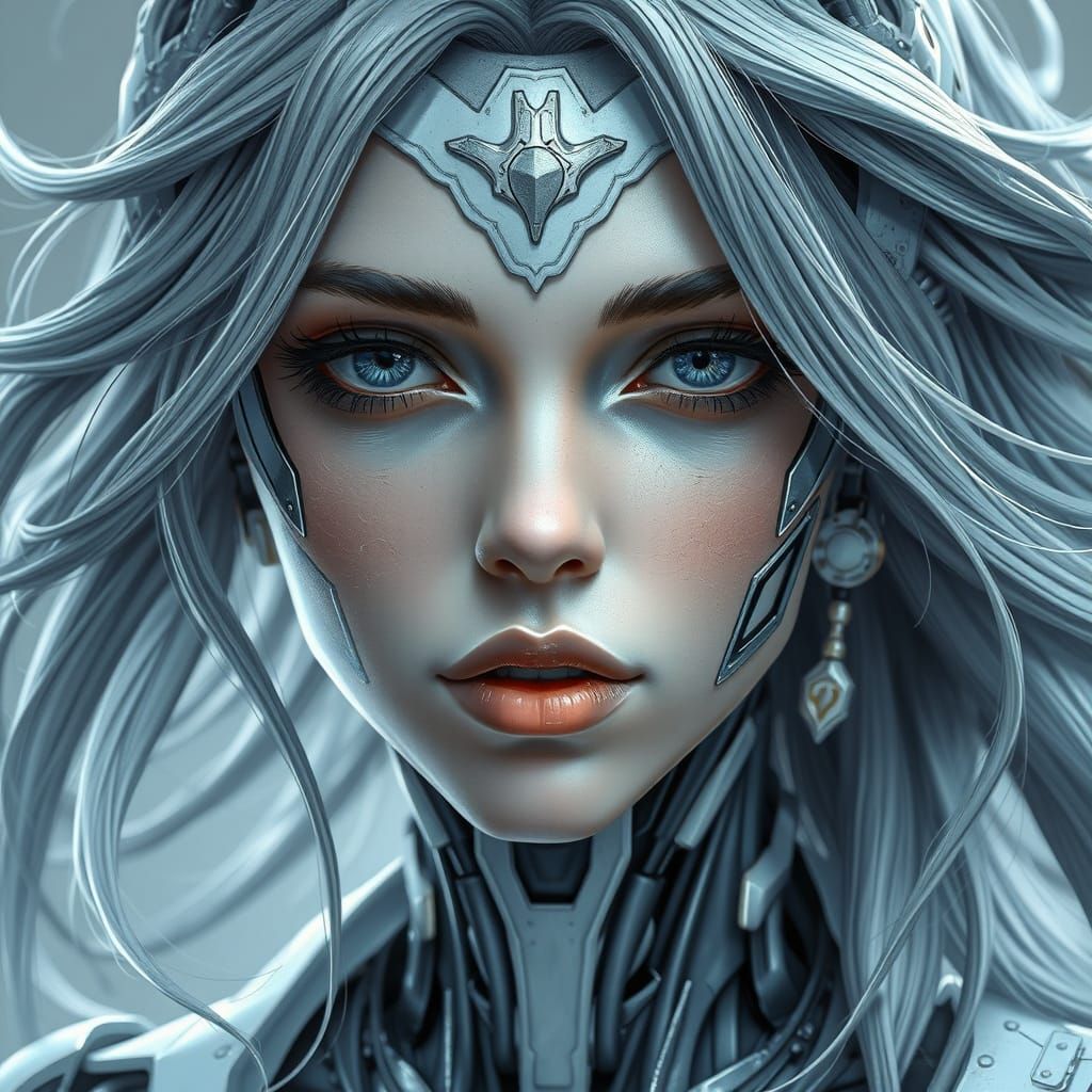 Serene Cybernetic Goddess in Metallic Elegance