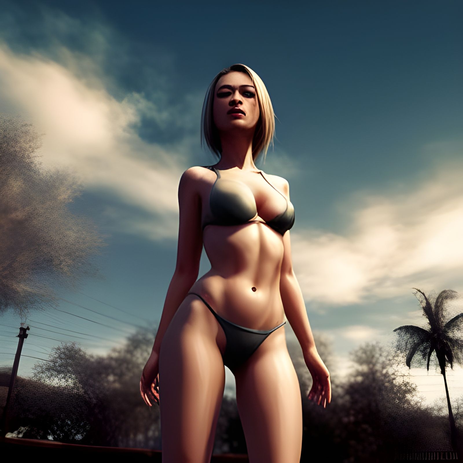 Bikini Model on Street: Detailed Matte Painting