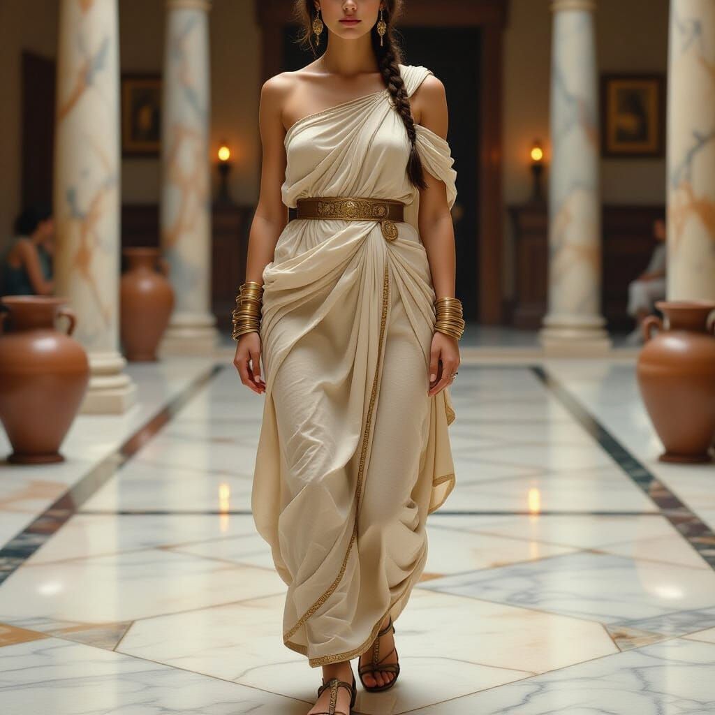 Classical Beauty in Marble Courtyard with Oil Lamps