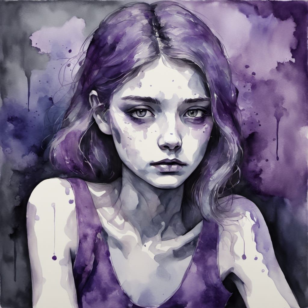 Melancholy Woman in Watercolor Painting of Despair