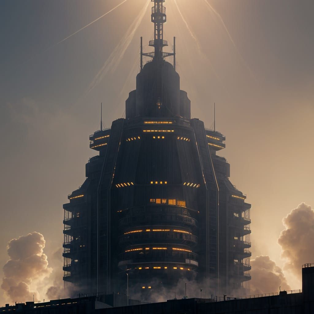 Giant Biological Rocket Launch Silhouette Over City