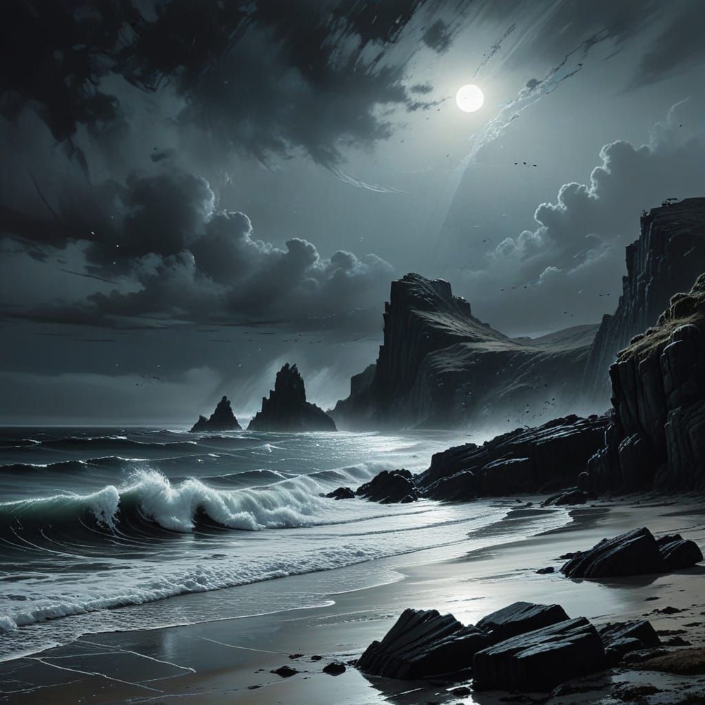 Mysterious Moonlit Coast in Monochromatic Ink