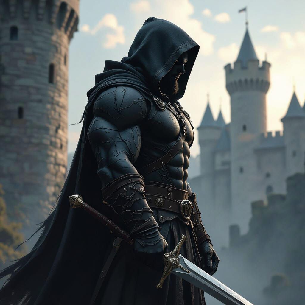 Medieval Hero Stands Guard in Dark Fantasy Style