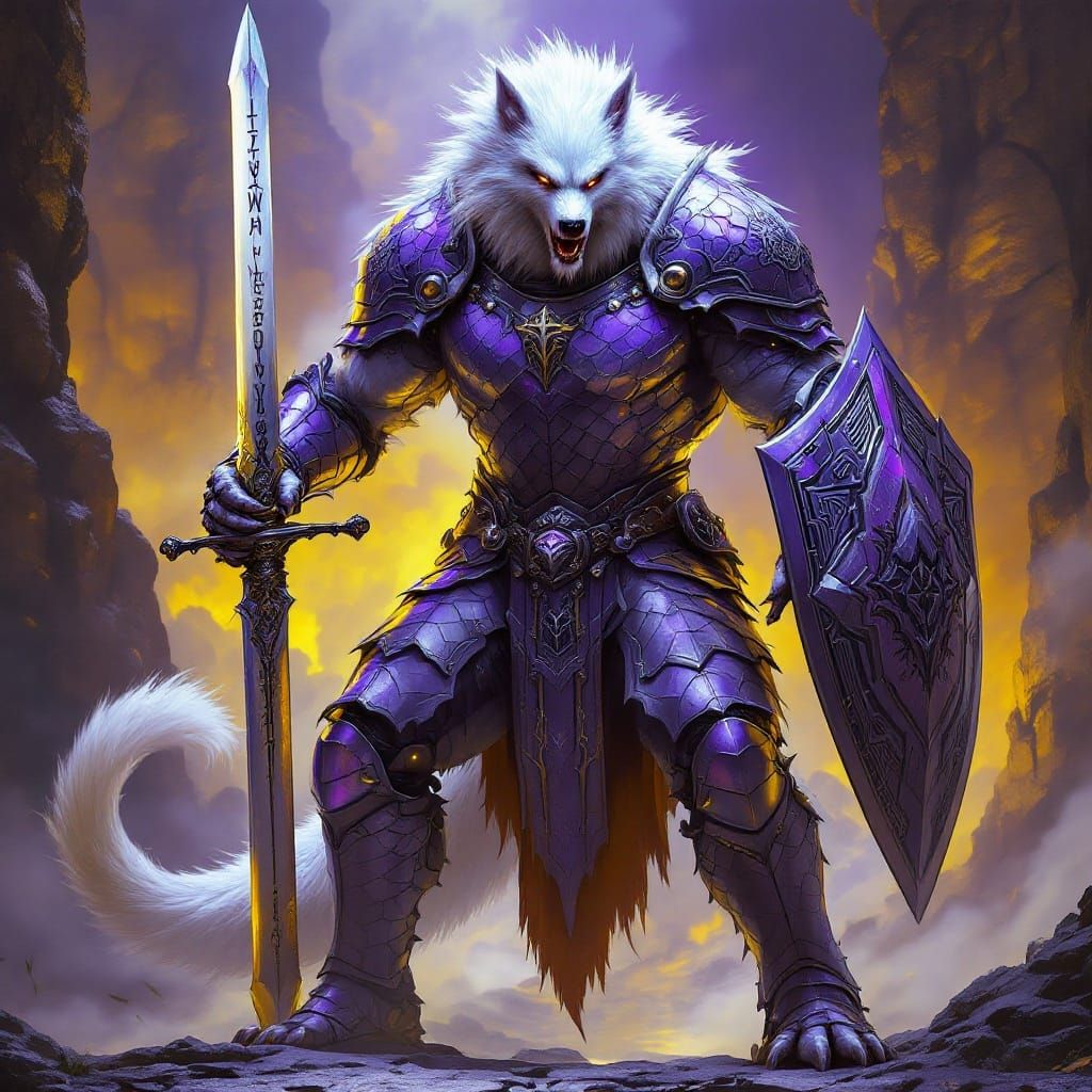 Humanoid White Werewolf in Dragon Scale Armor Wields Great S...