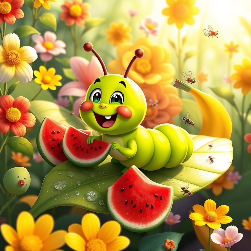 Joyful Caterpillar Tastes Fruits in Whimsical Garden