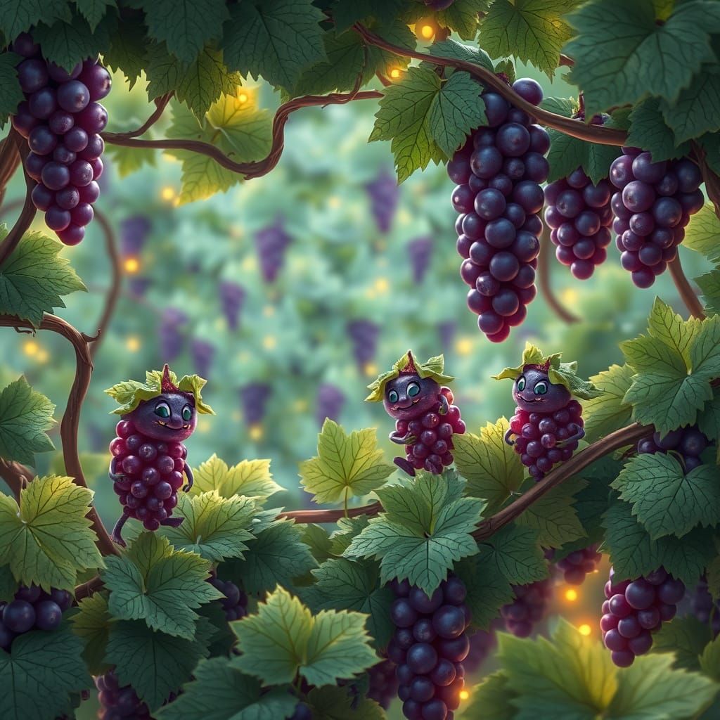 Whimsical Grape Creatures Tend Vines in Lush Vineyard Scene