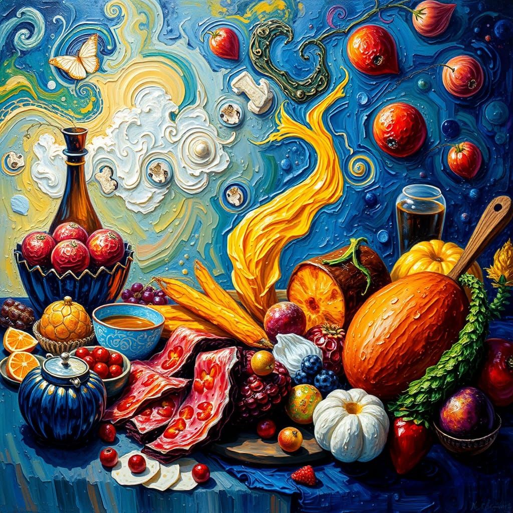 Magical Food Feast in Neo-Impressionist Oil Painting
