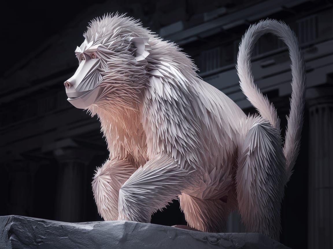 Detailed Kirigami Baboon Model in Digital Art