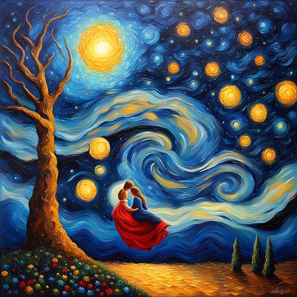 Surreal Starry Night in Expressionist Impasto Style