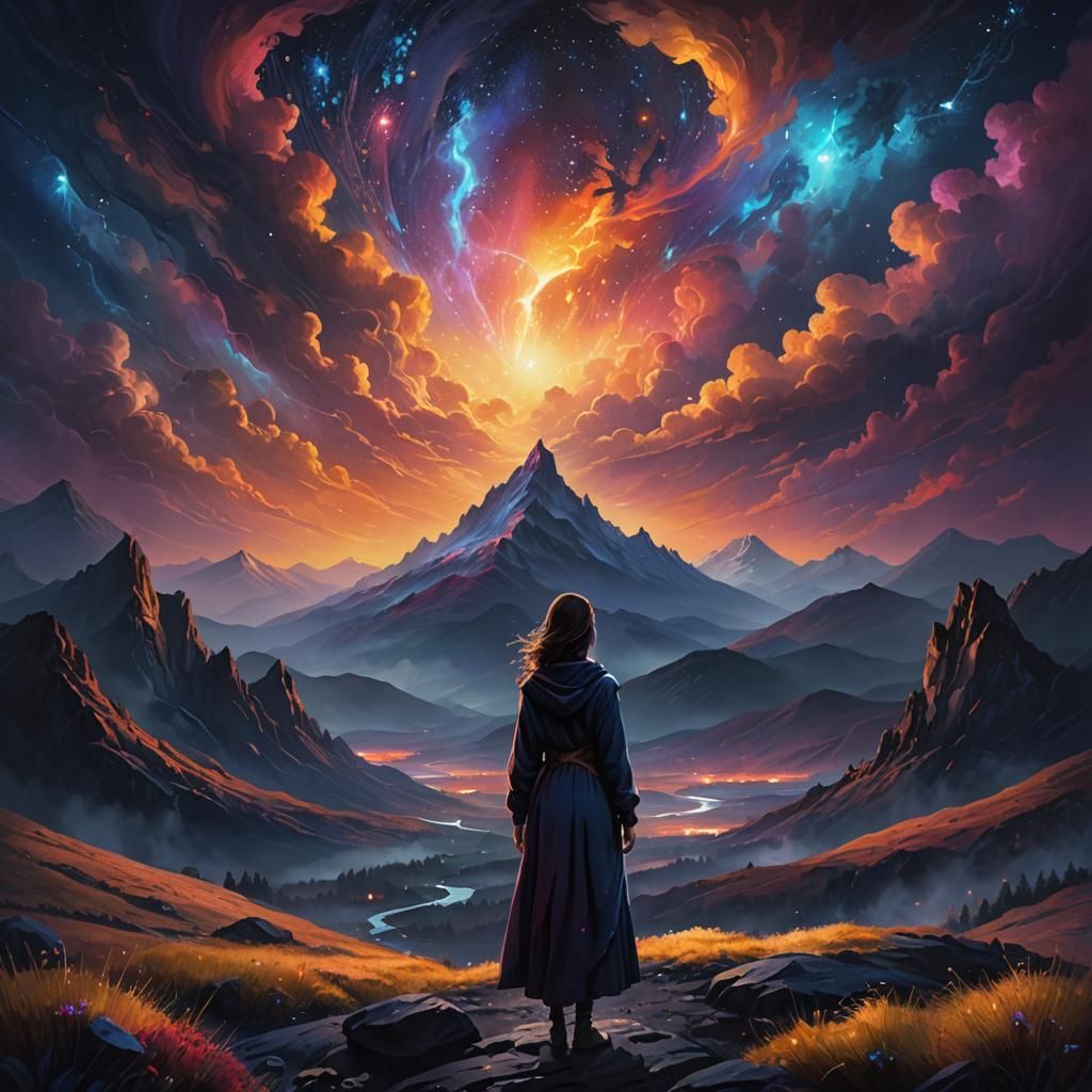 Mystical Landscape with Woman in Vibrant Oil Painting