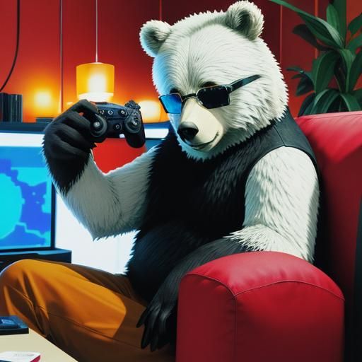 Cool Bear Plays Video Game in Anime Style