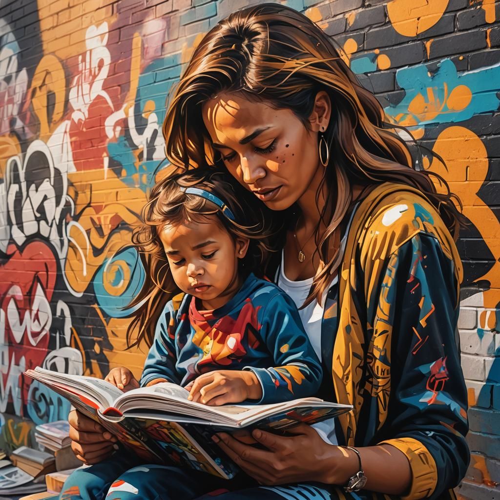 Street Art Mother and Baby Reading