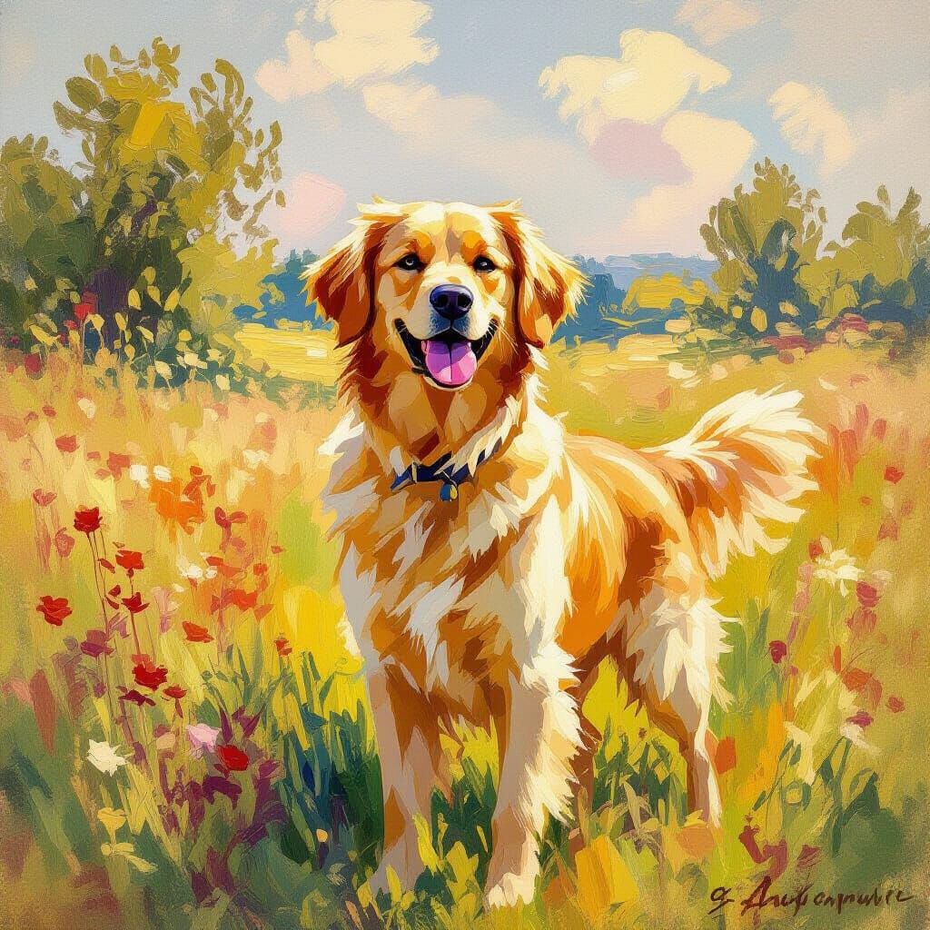 Golden Retriever in Sunlit Meadow as Impressionist Painting