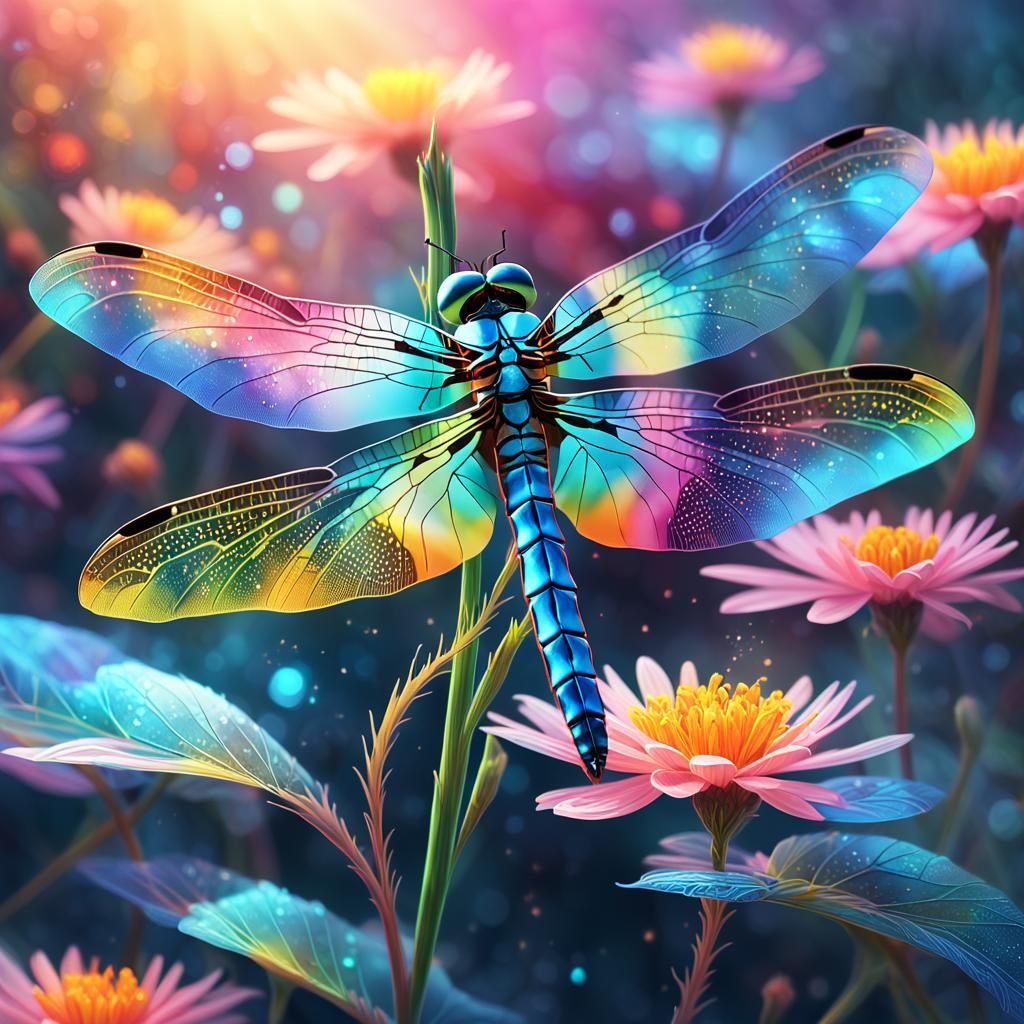 Hyperrealistic Dragonfly on a Dazzling Flower in Vibrant Oil...