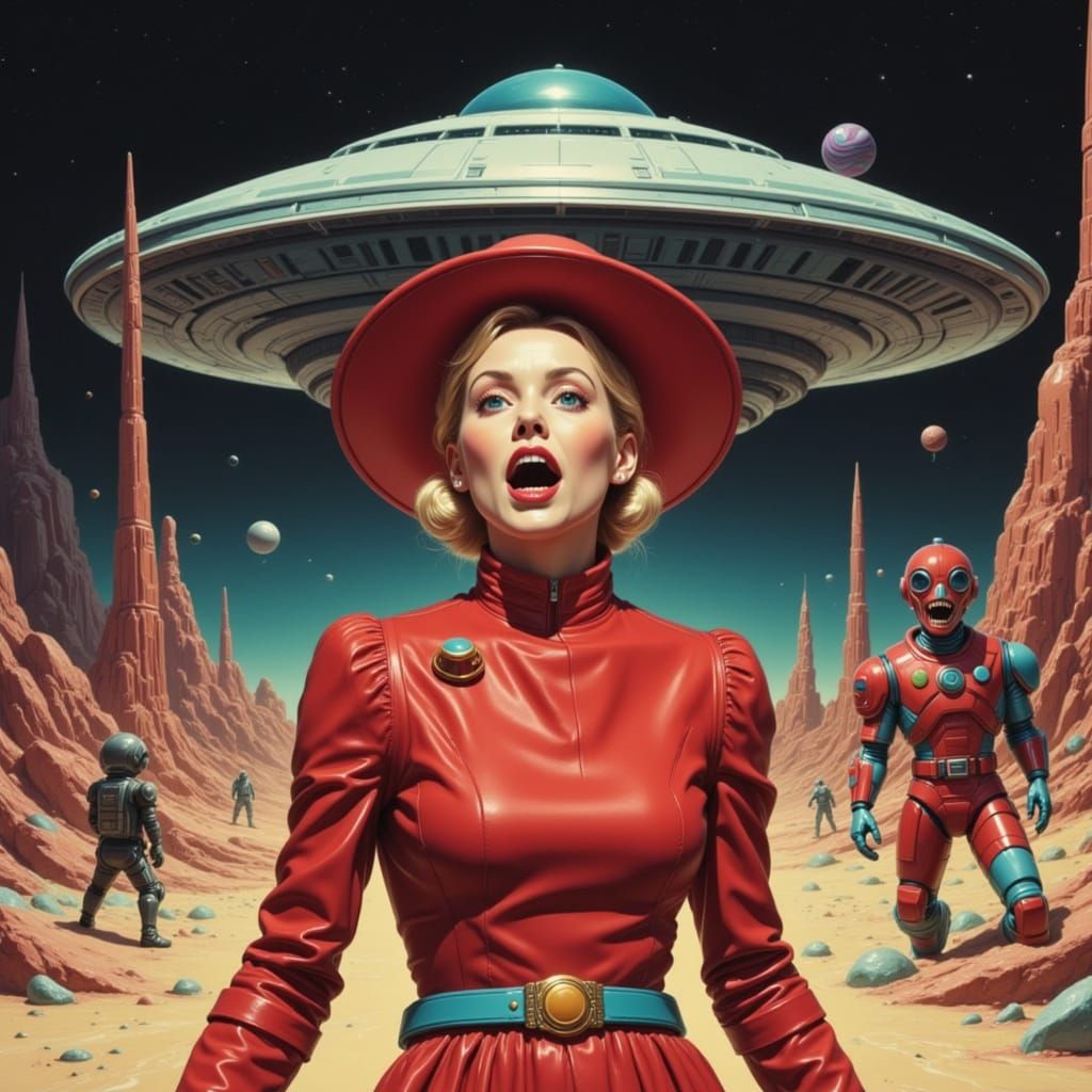 Woman in Red Dress Stands Before Futuristic Cityscape with H...