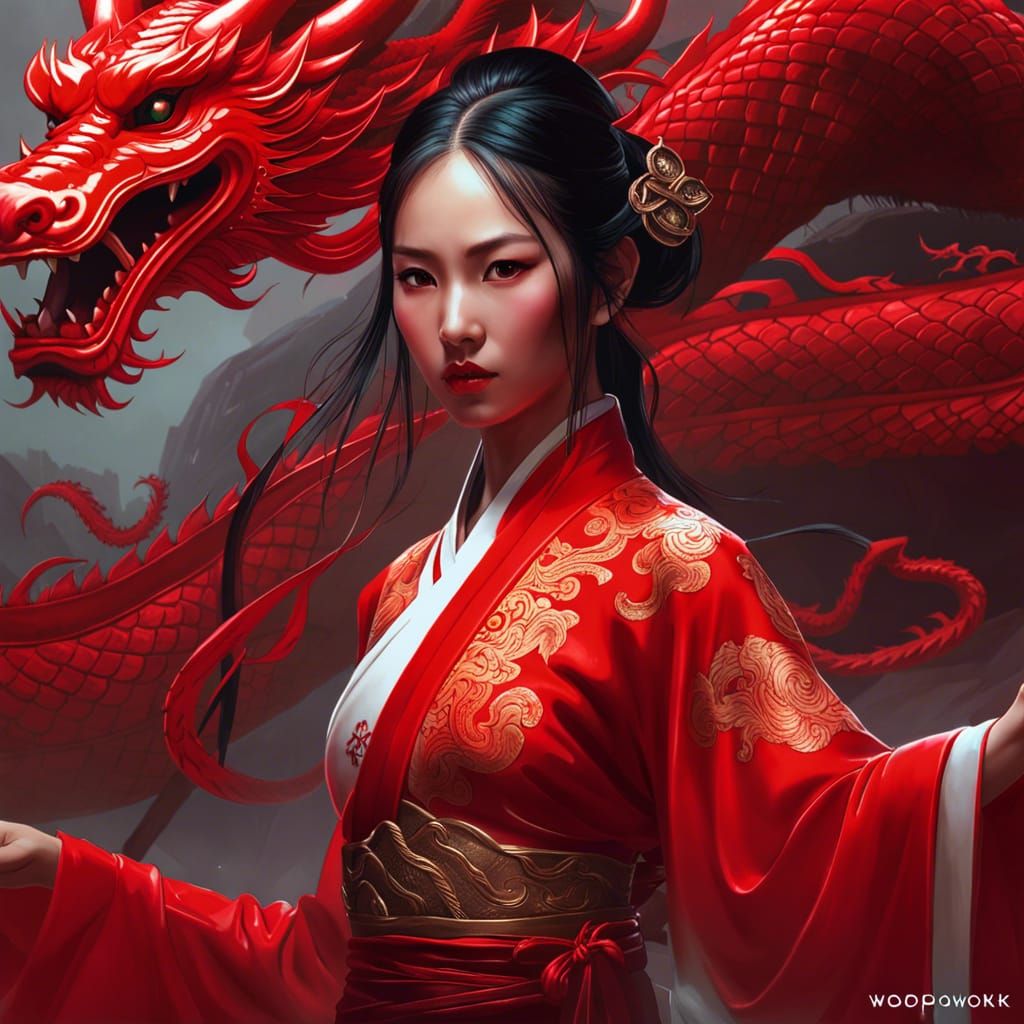 Luminous Asian Demon Girl with Chinese Dragons