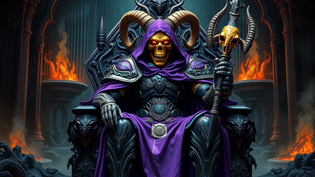 Mecha-Skeletor on Obsidian Throne in Cubist Neumorphic Style