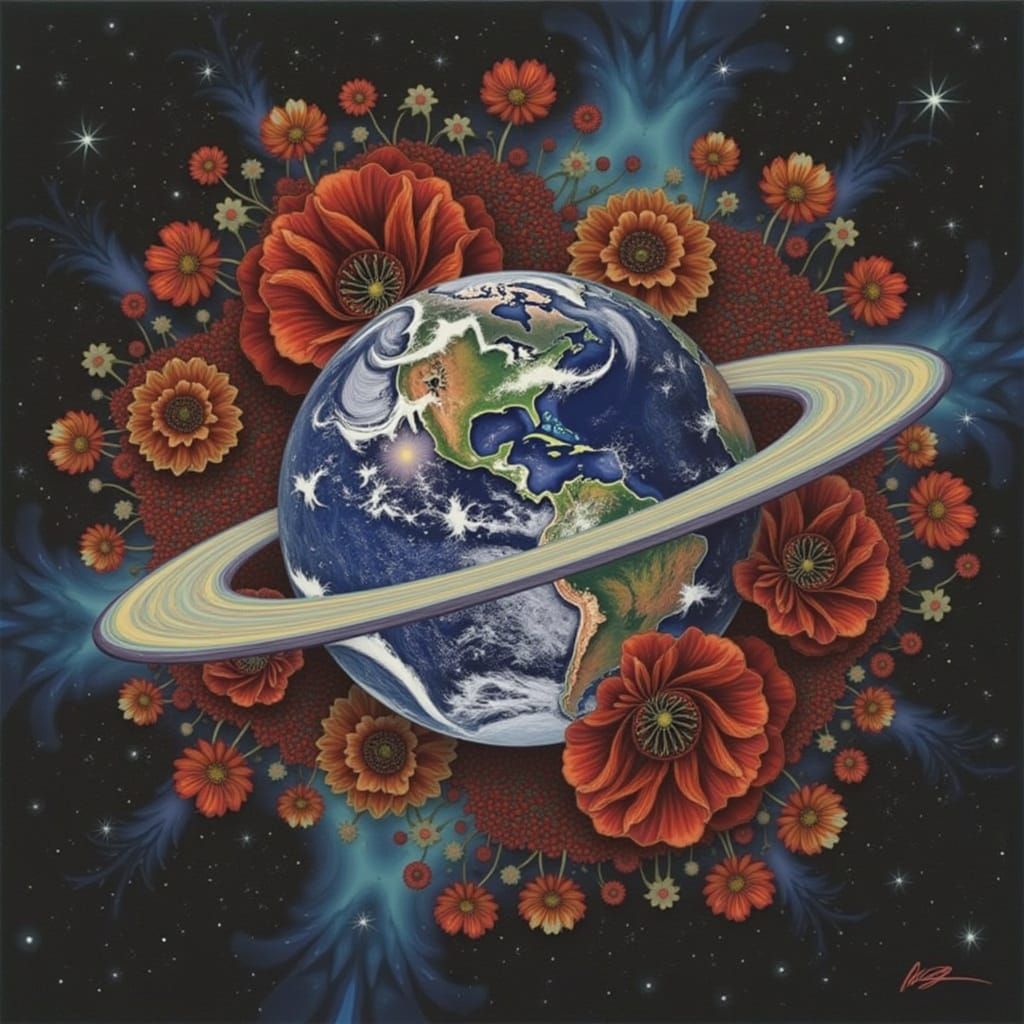 Psychedelic Earth Globe in Universe Surrounded by Poppies