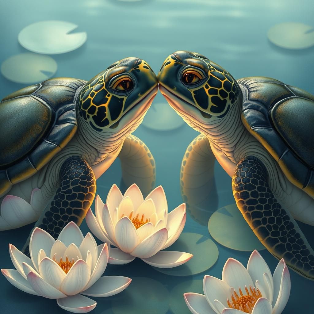 Turtles in Love: Surrealist Romantic Scene