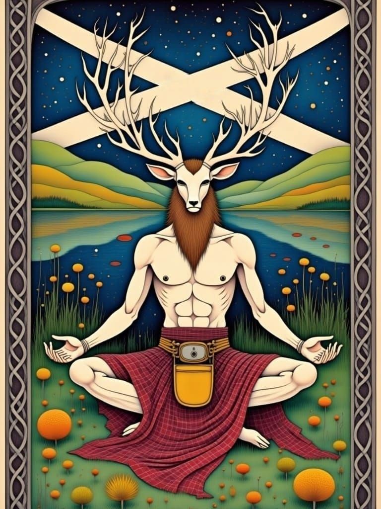 Cernunnos Meditates by a Loch in Comic Style