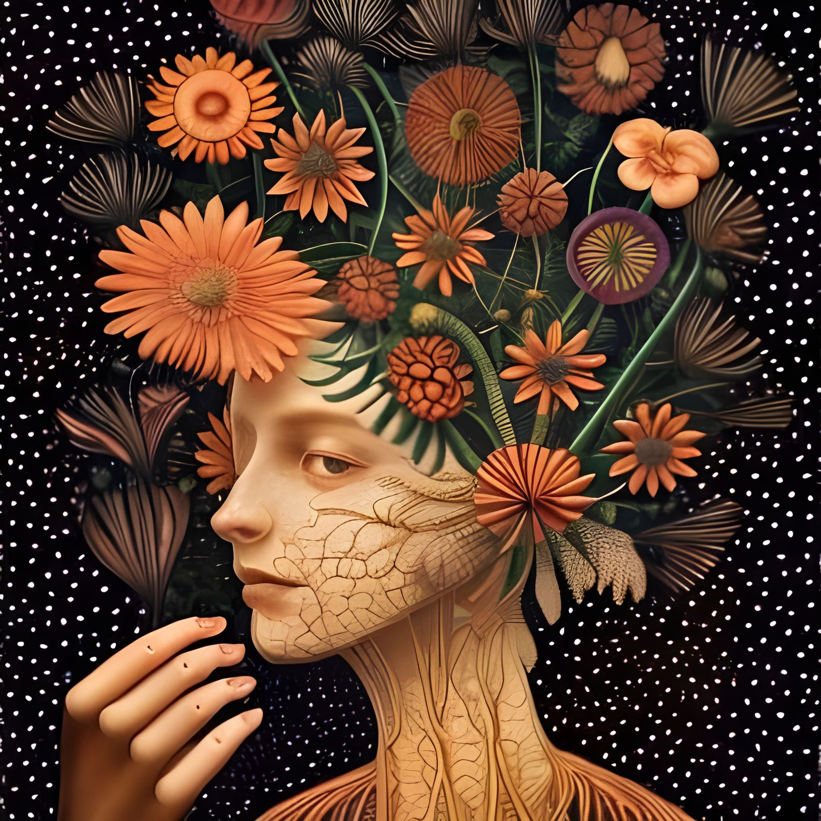 Girl Holding Flowers: Intricate Botanical Art