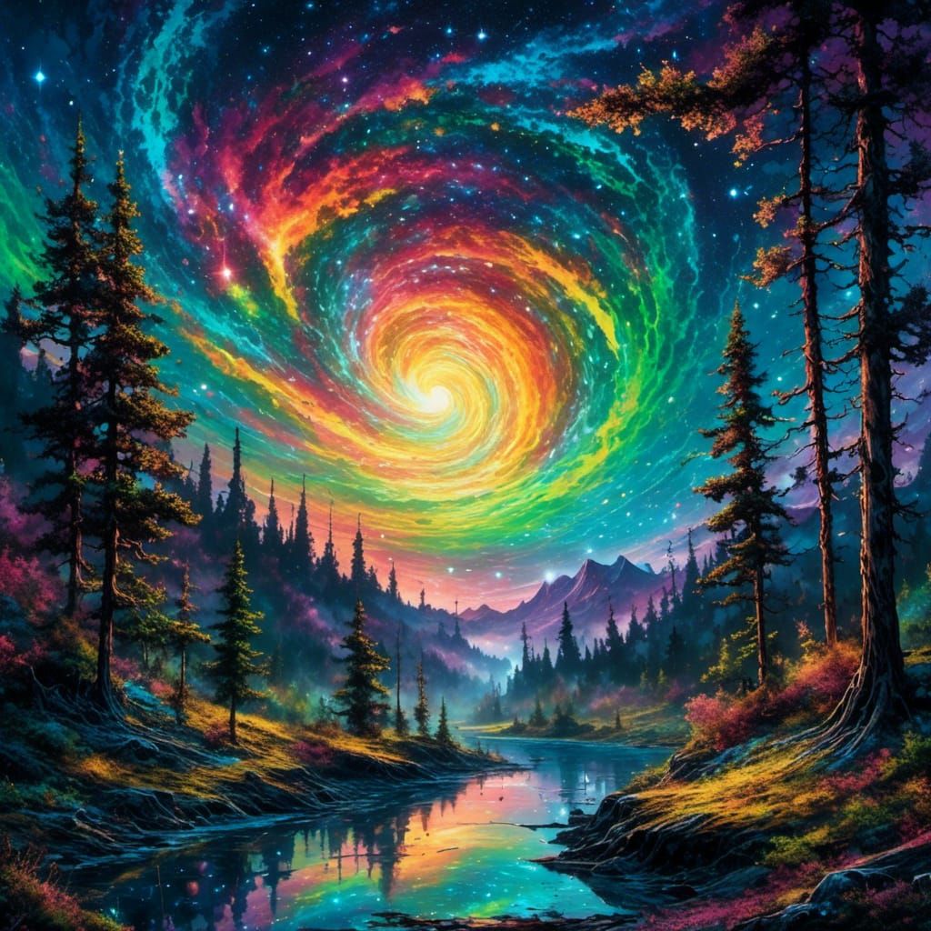 Enchanted Forest Under Galactic Starry Night